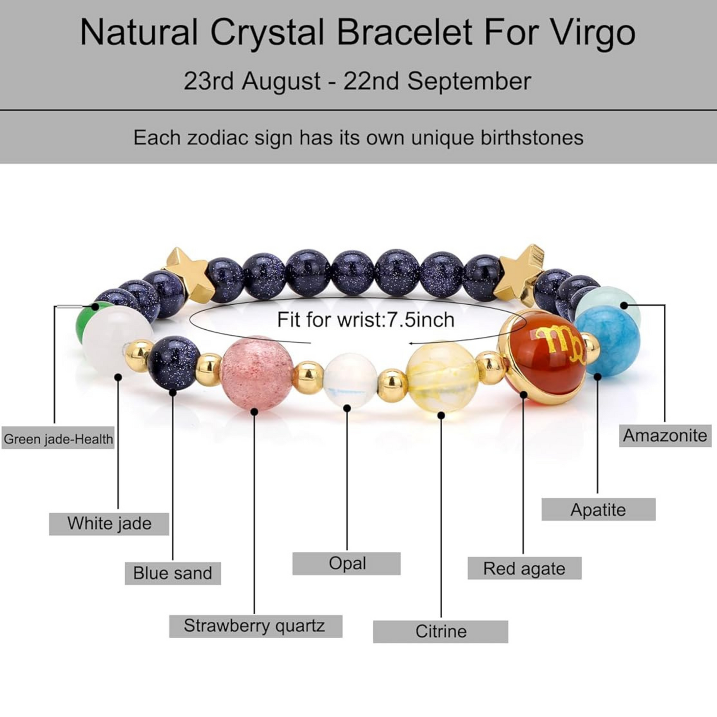 Virgo Zodiac Bracelet for Women – Natural Stone Beaded | Stretchable Fit | Evil Eye & Negative Energy Protection