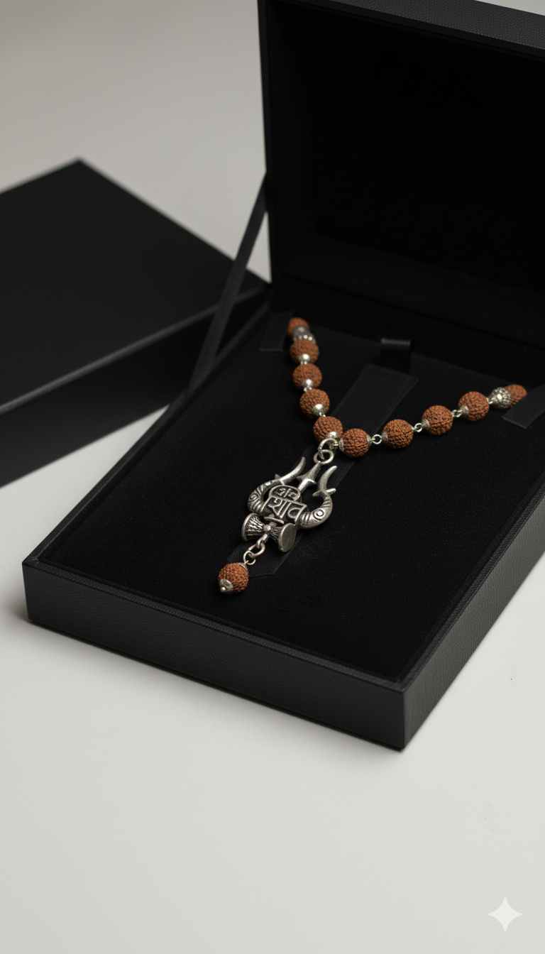 Rudraksha Mala with Trishul–Damru Shiva Pendant