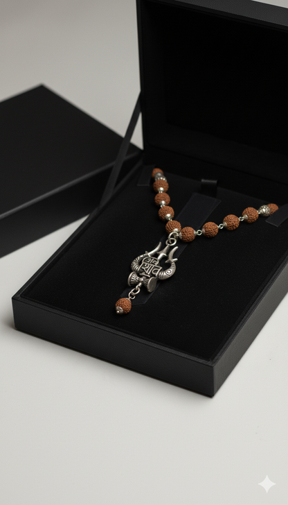 Rudraksha Mala with Trishul–Damru Shiva Pendant
