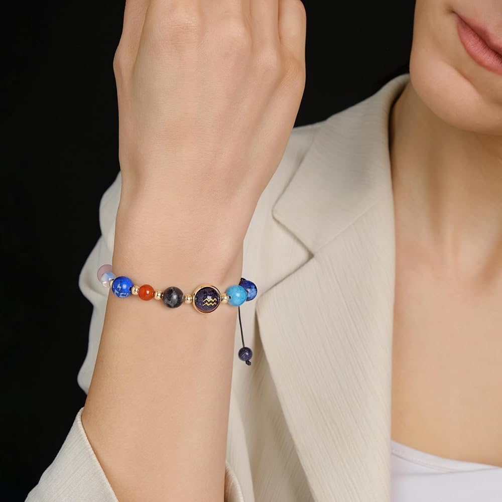 Aquarius Zodiac Bracelet for Women – Natural Stone Beaded | Stretchable | Evil Eye & Negative Energy Protection