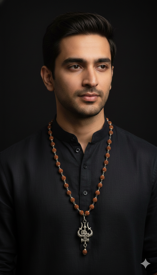 Rudraksha Mala with Trishul–Damru Shiva Pendant
