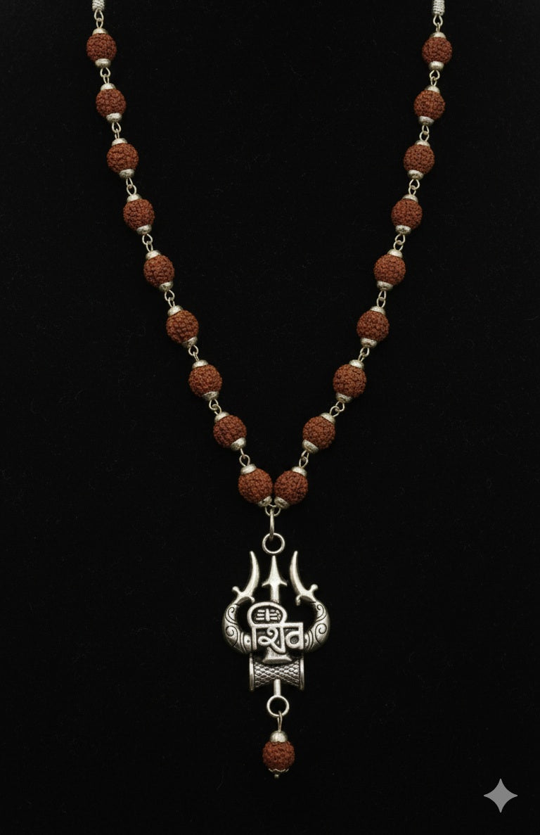 Rudraksha Mala with Trishul–Damru Shiva Pendant