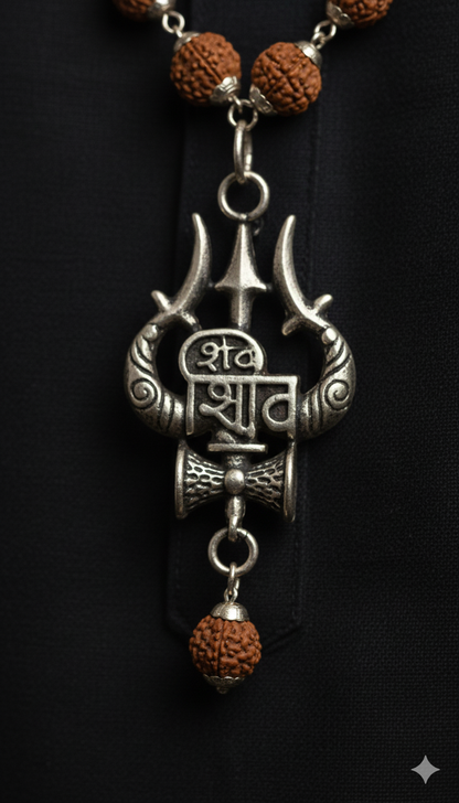 Rudraksha Mala with Trishul–Damru Shiva Pendant