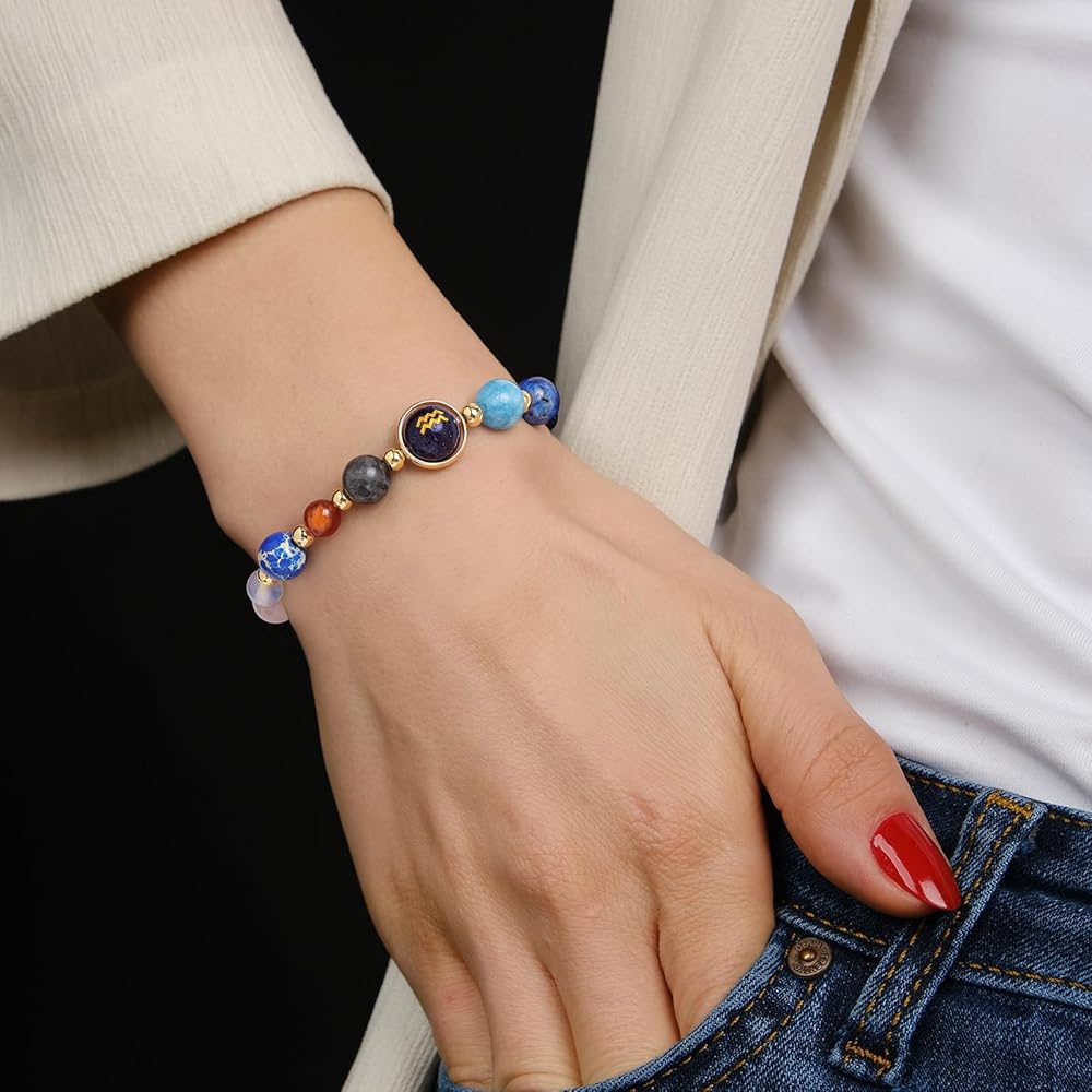 Aquarius Zodiac Bracelet for Women – Natural Stone Beaded | Stretchable | Evil Eye & Negative Energy Protection