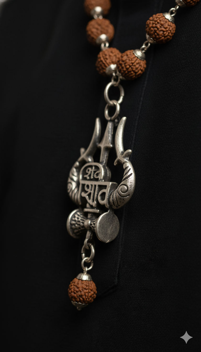 Rudraksha Mala with Trishul–Damru Shiva Pendant