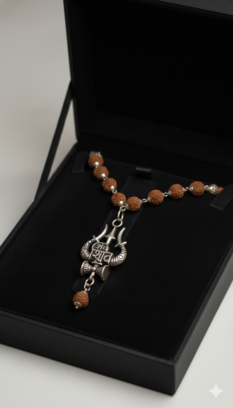Rudraksha Mala with Trishul–Damru Shiva Pendant
